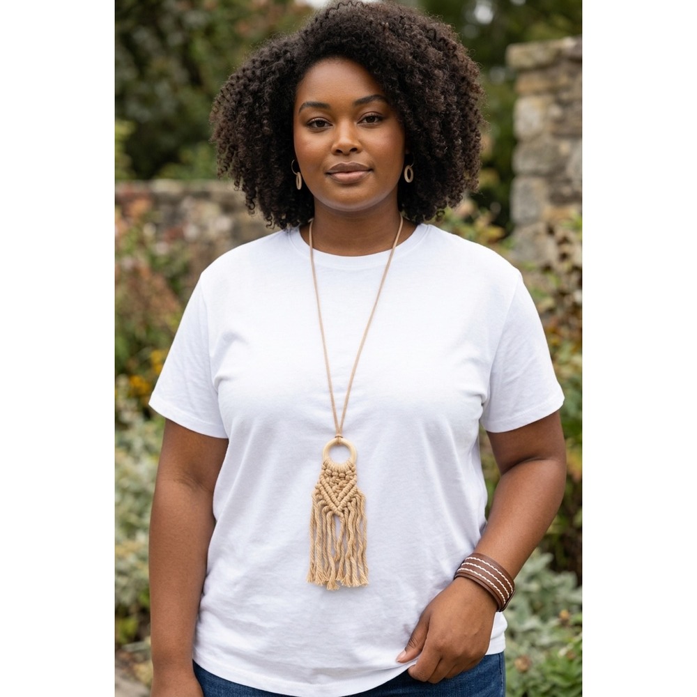 Paparazzi Boho Macrame Fringe Necklace Earrings and Leather Cuff Bracelet Set